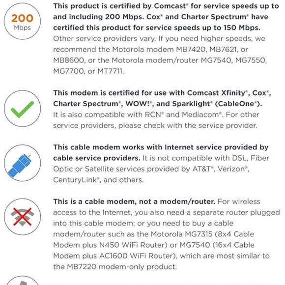 Motorola DOCSIS 3.0 MB7220 8x4 Cable Modem (Refurbished) 343 Mbps - Picture 4 of 5